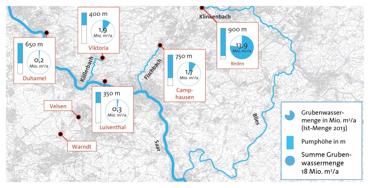 Infografik: Übersicht über die Wasserhaltungsstandorte und die gehobene Grubenwassermenge.